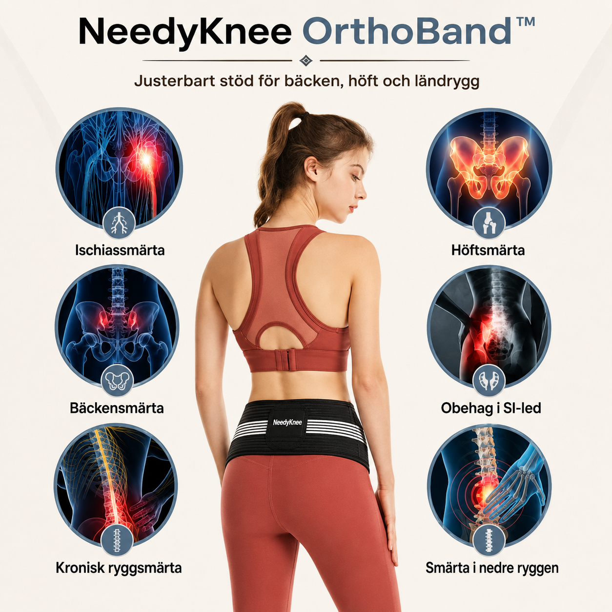 NeedyKnee OrthoBand™ – Justerbart stöd för bäcken, höft och ländrygg